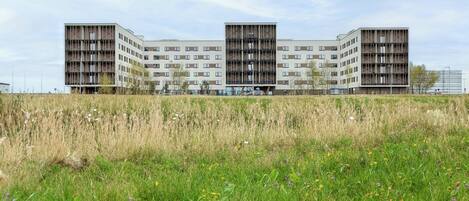 A modern multi-story building with a grid-like facade, surrounded by a grassy field with wildflowers.
