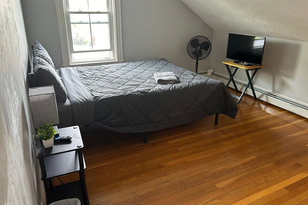 A bedroom with a bed, a desk with a plant, a fan, and a TV on a stand.