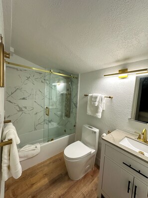Hair dryer, bidet, towels, soap