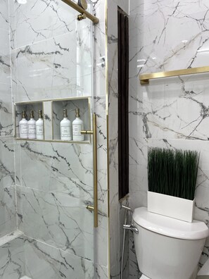 Hair dryer, towels, soap, toilet paper