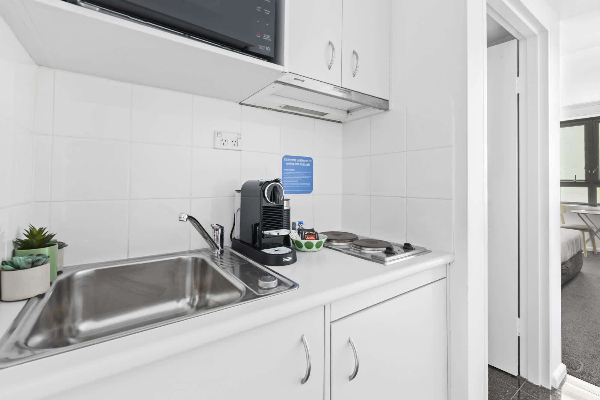 Fridge, microwave, stovetop, electric kettle