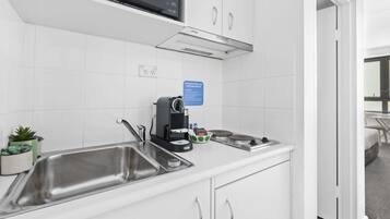 Fridge, microwave, stovetop, electric kettle