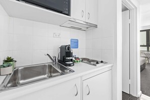 Fridge, microwave, stovetop, electric kettle