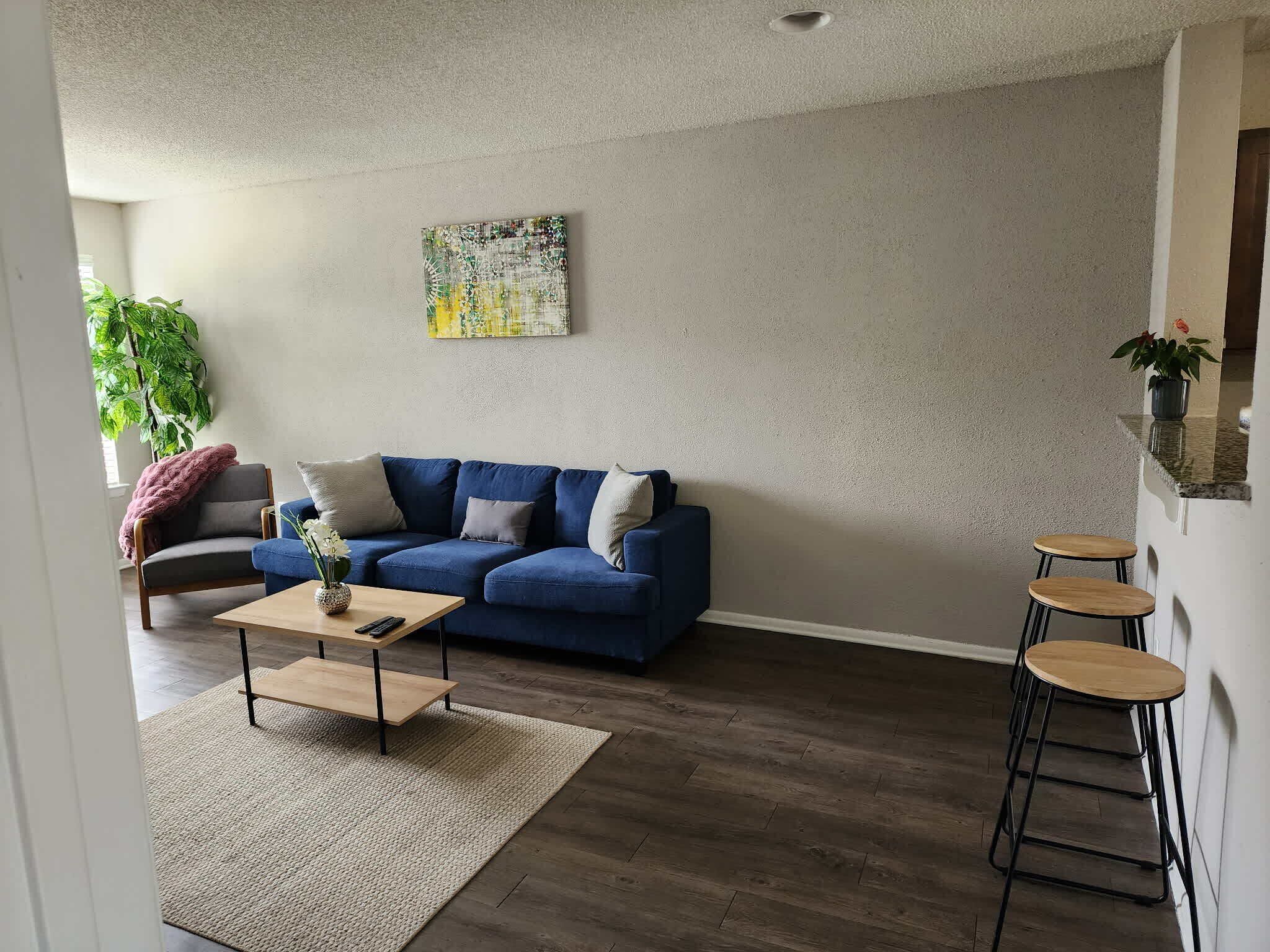 A living room with a blue sofa, a coffee table, a small rug, and a plant.