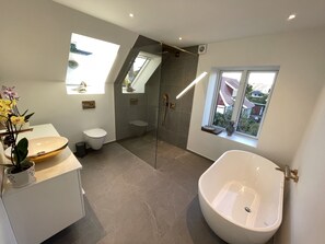 Douche, séchoir à cheveux, serviettes fournies, savon