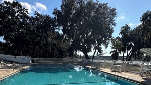 Una piscina rectangular con agua azul cristalina, rodeada de vallas blancas y protegida por árboles grandes.