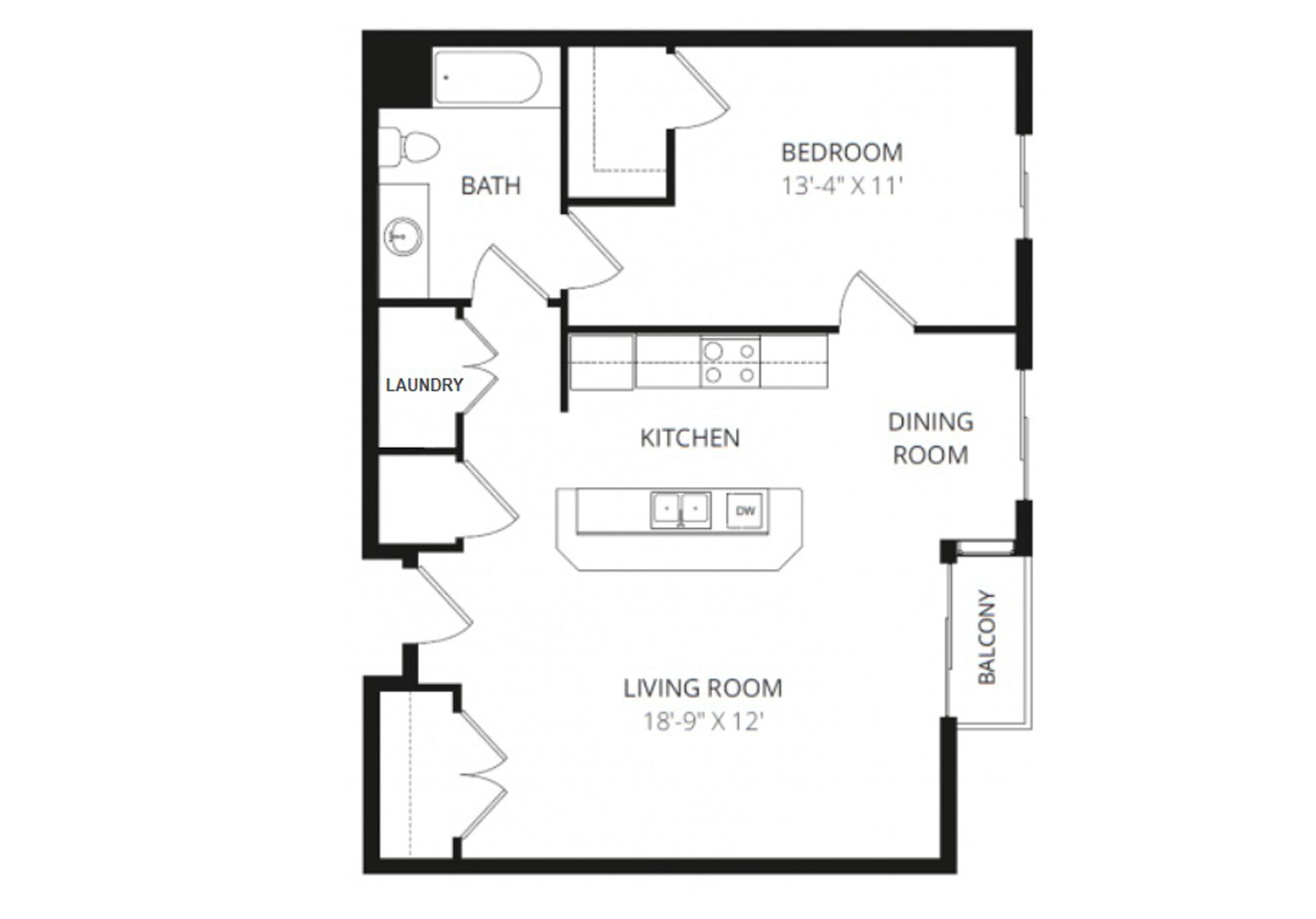 Grundriss mit einem Schlafzimmer (4,06 m x 3,66 m), einem Badezimmer, einer Küche, einem Esszimmer, einem Wohnzimmer (5,72 m x 3,66 m) und einem Balkon.