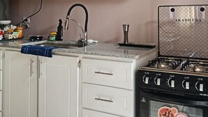 A kitchen with white cabinets, a microwave, a sink, a stove, and a decorative rug. - Charming 1-bedroom Loft apartment with AC in Herstelling Demerara. (Herstelling)