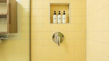 Ducha, secador de pelo, toallas, jabón