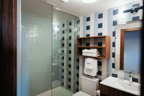 Chuveiro, secador de cabelo, toalhas de banho, sabonete