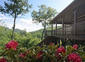 A wooden cabin with a balcony overlooking a forested landscape. - About Time - Year Round Mtn Views | Game Room | Hot Tub | Near Boone & Blowing Rock (Vilas)