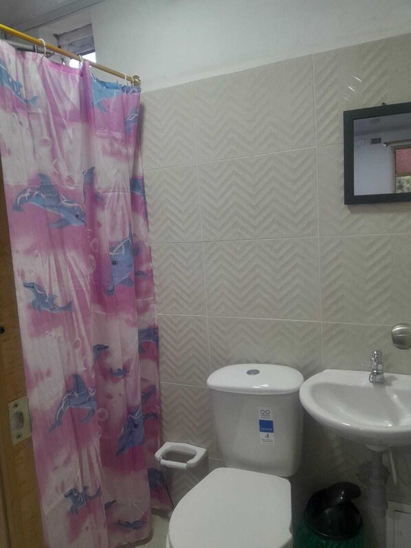 A bathroom with a toilet, sink, and shower curtain.