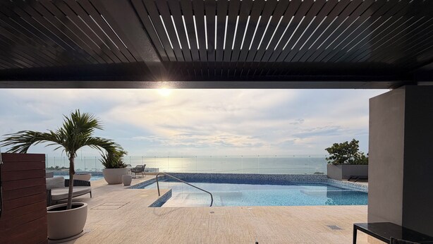 Une piscine sur le toit avec vue sur la mer, un espace détente avec des sièges et un palmier.