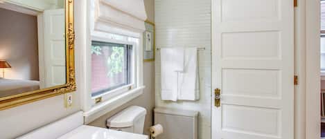 Hair dryer, towels, soap, shampoo