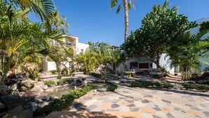 A landscaped courtyard with a stone pathway, palm trees, and a small water feature. - 2BR, 2BA Loreto home with mountain views, community pool, and full kitchen. (Loreto)