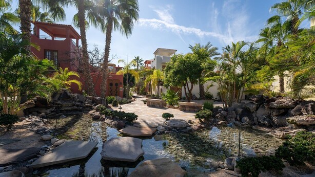A landscaped courtyard with a water feature, palm trees, and a stone pathway. - 2BR, 2BA Loreto home with mountain views, community pool, and full kitchen. (Loreto)