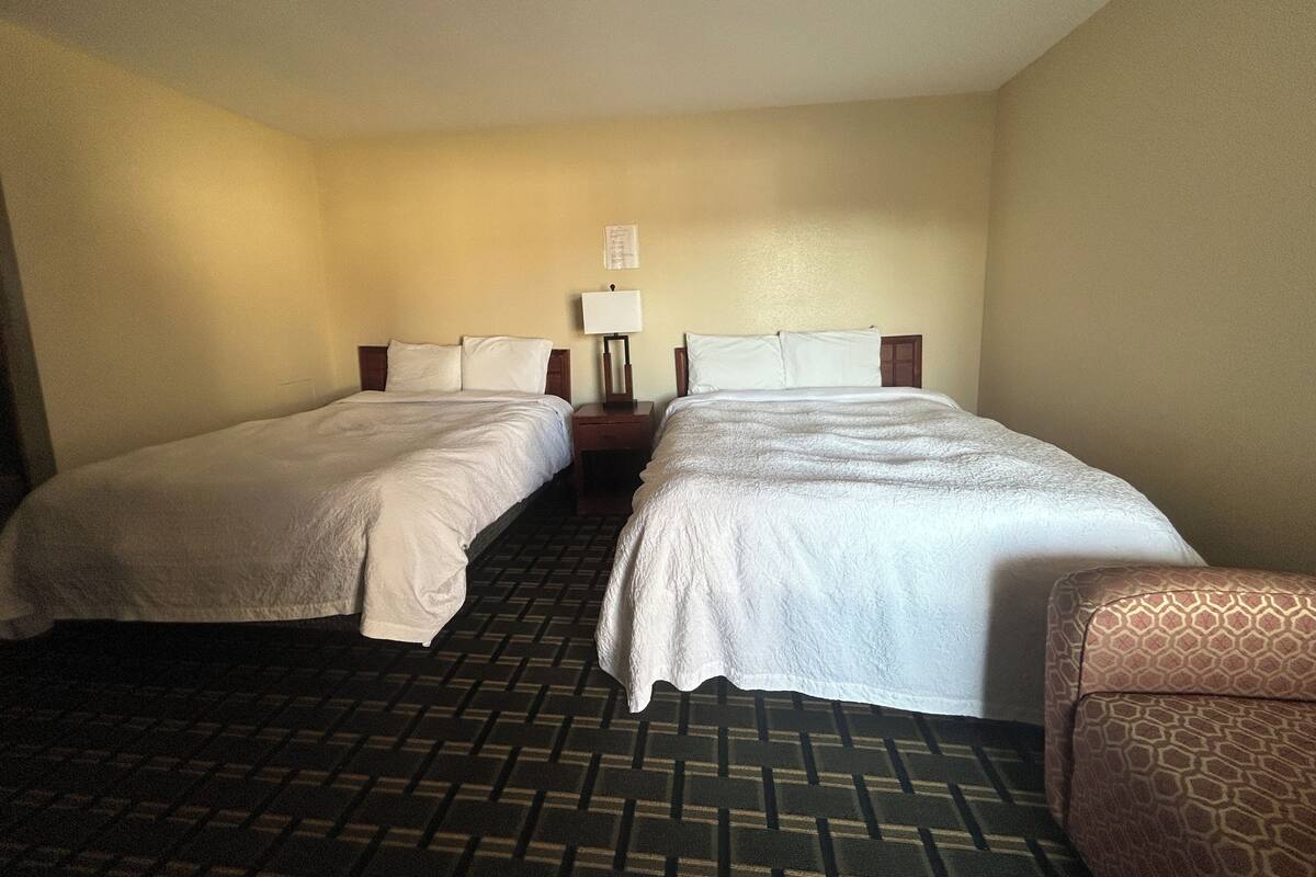 Een hotelkamer met twee bedden, een nachtkastje met een lamp en een kamerbreed tapijt met een patroon.