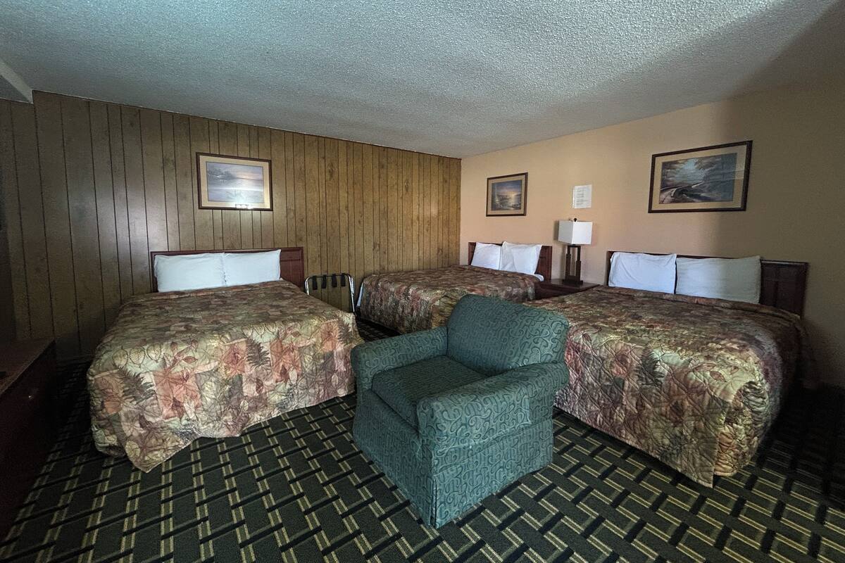 Een hotelkamer met twee bedden, een stoel en een kamerbreed tapijt met een patroon.