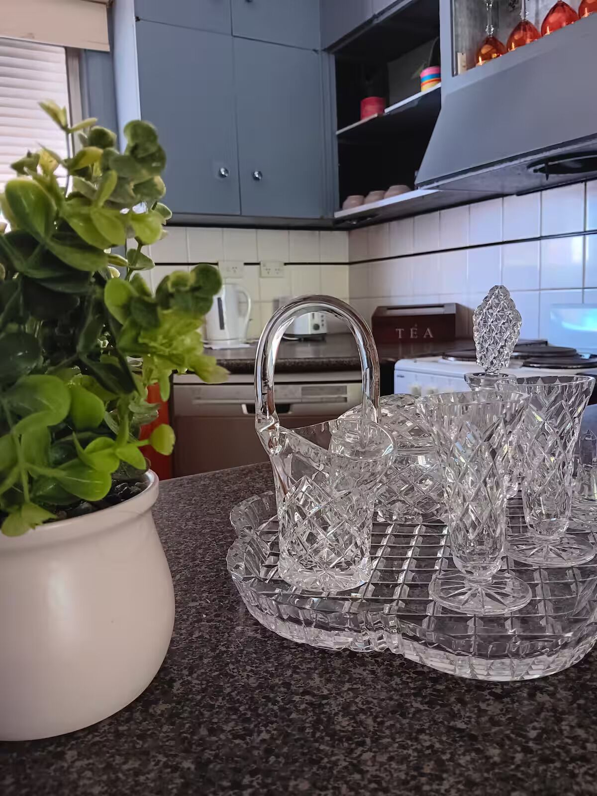 Une cuisine avec une plante en pot, un service à thé et une machine à café.
