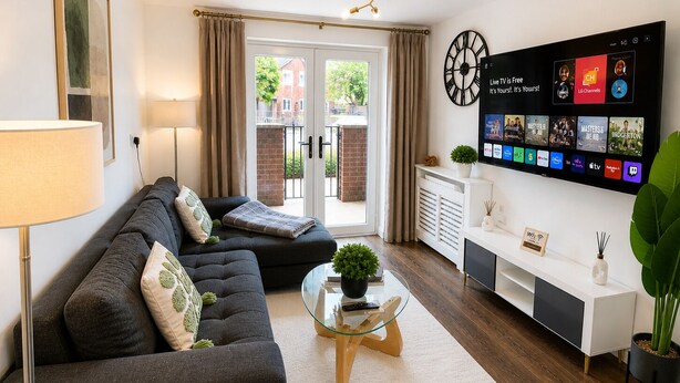 A modern living room with a sofa, a glass coffee table, a flat-screen TV, and a view of the outside. - The Grounded Pearl (Salford)