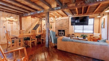 Smart TV, fireplace, books