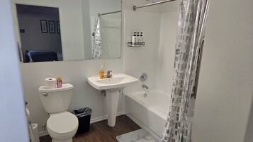 Secadora de cabello, toallas, jabón, shampoo