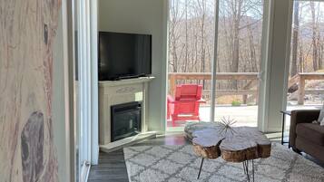 Smart TV, fireplace, DVD player, books