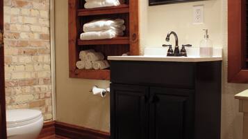 Hair dryer, towels, soap, shampoo