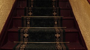 Eine Treppe mit Teppichläufern und hölzernen Geländern.