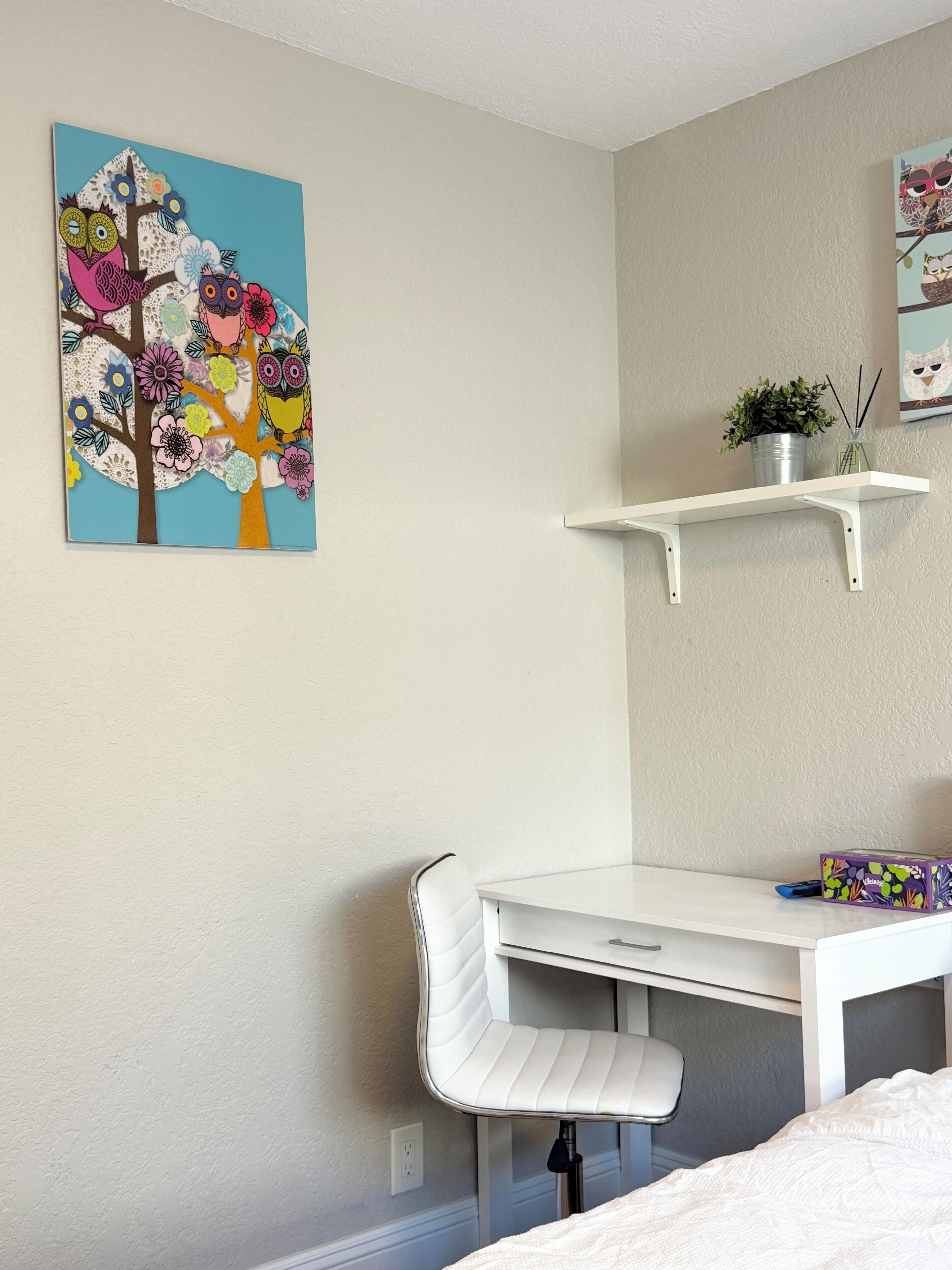 Ein Schlafzimmer mit weißem Schreibtisch, weißem Stuhl, einem Bett, einer Wandablage mit Pflanze und einem farbenfrohen Eulenbild.