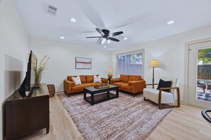 TV, offices - Modern Family Home: Private Backyard, BBQ, Seating (Seabrook)