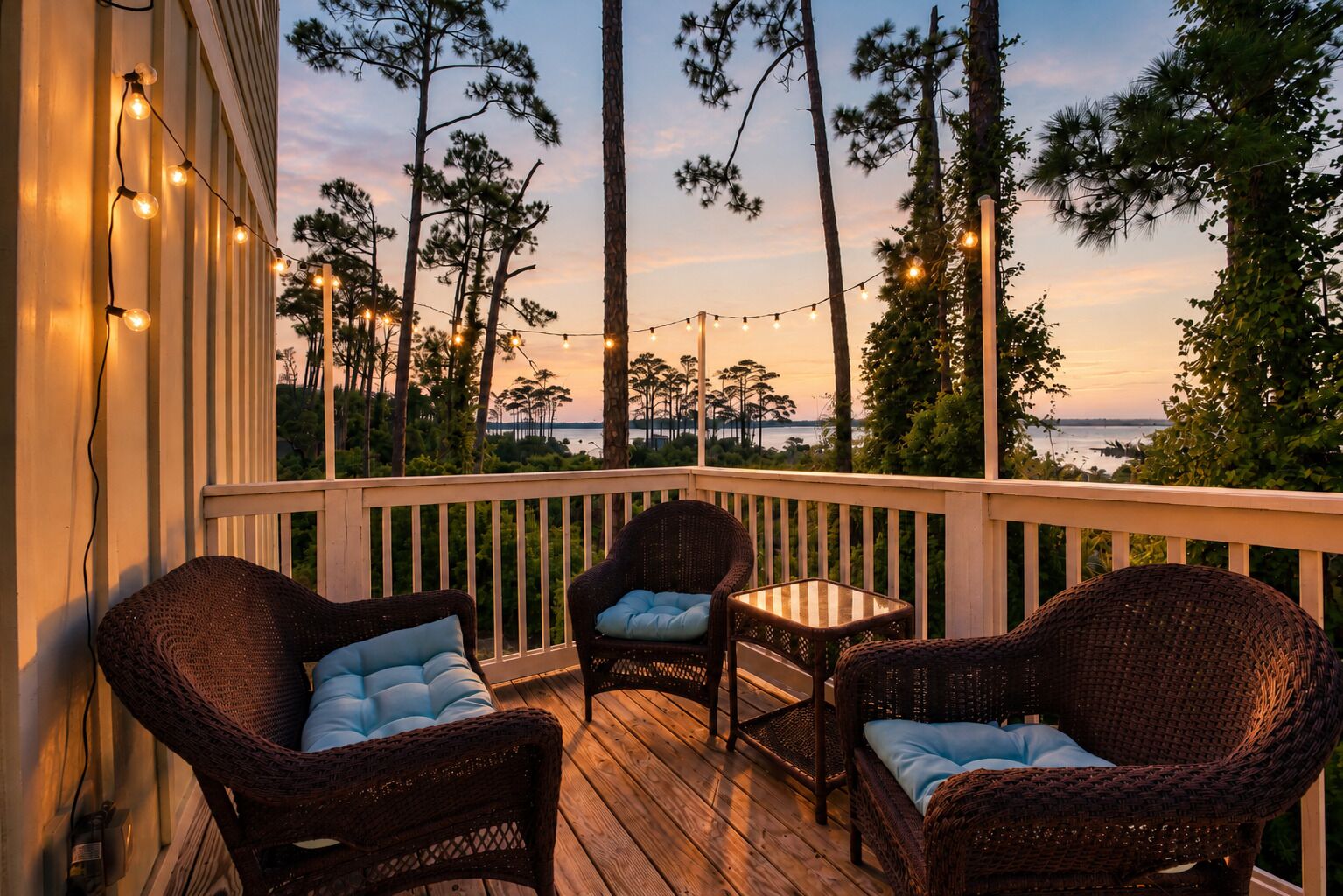 A wooden deck with wicker chairs and a small table, overlooking a body of water with trees in the background.