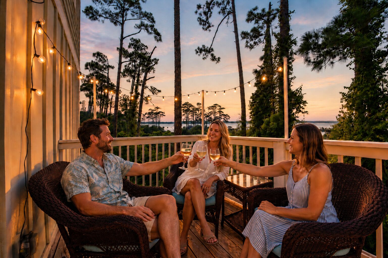 A deck with wicker furniture, string lights, and a view of trees and water.