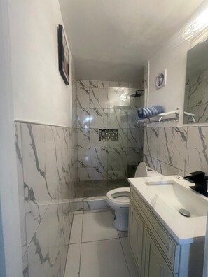 Douche, baignoire à jets, sèche-cheveux, bidet