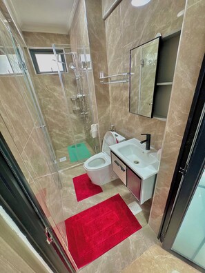 Douche, séchoir à cheveux, serviettes fournies, savon