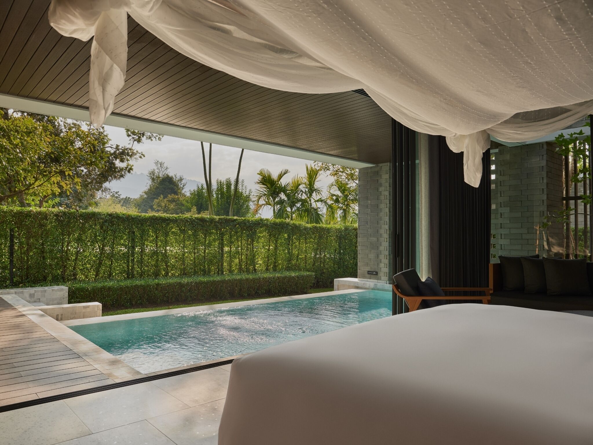 A modern hotel room with a private pool, large windows, and a view of greenery.