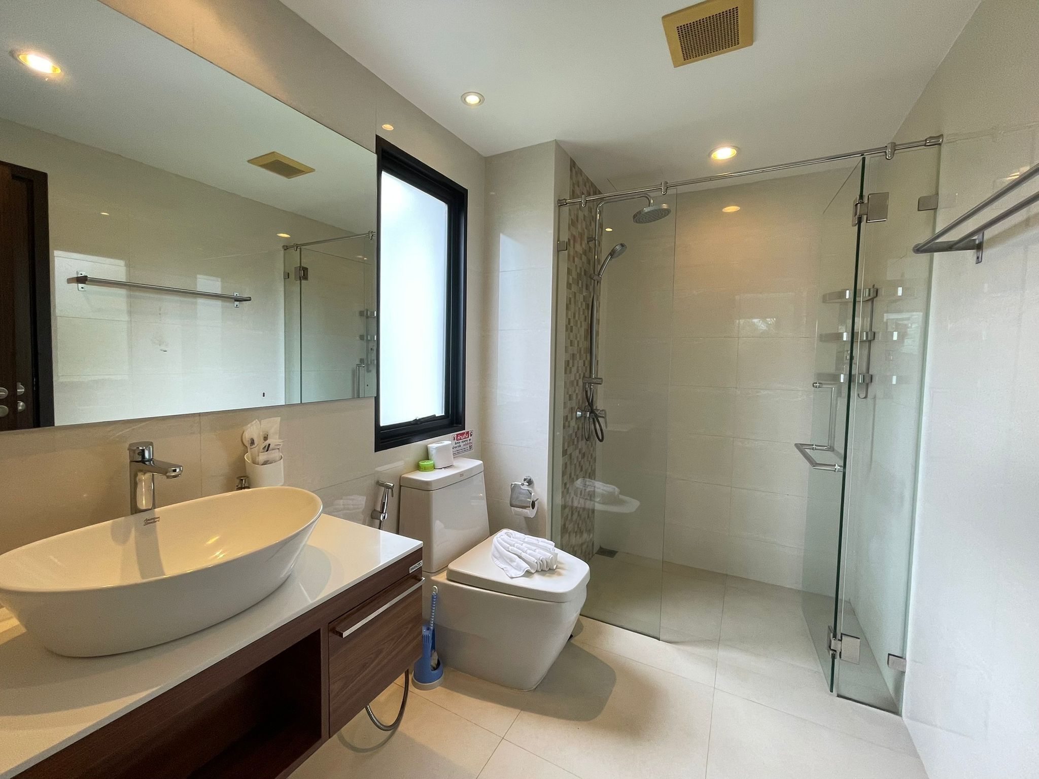 A modern bathroom with a large sink, toilet, and glass-enclosed shower.
