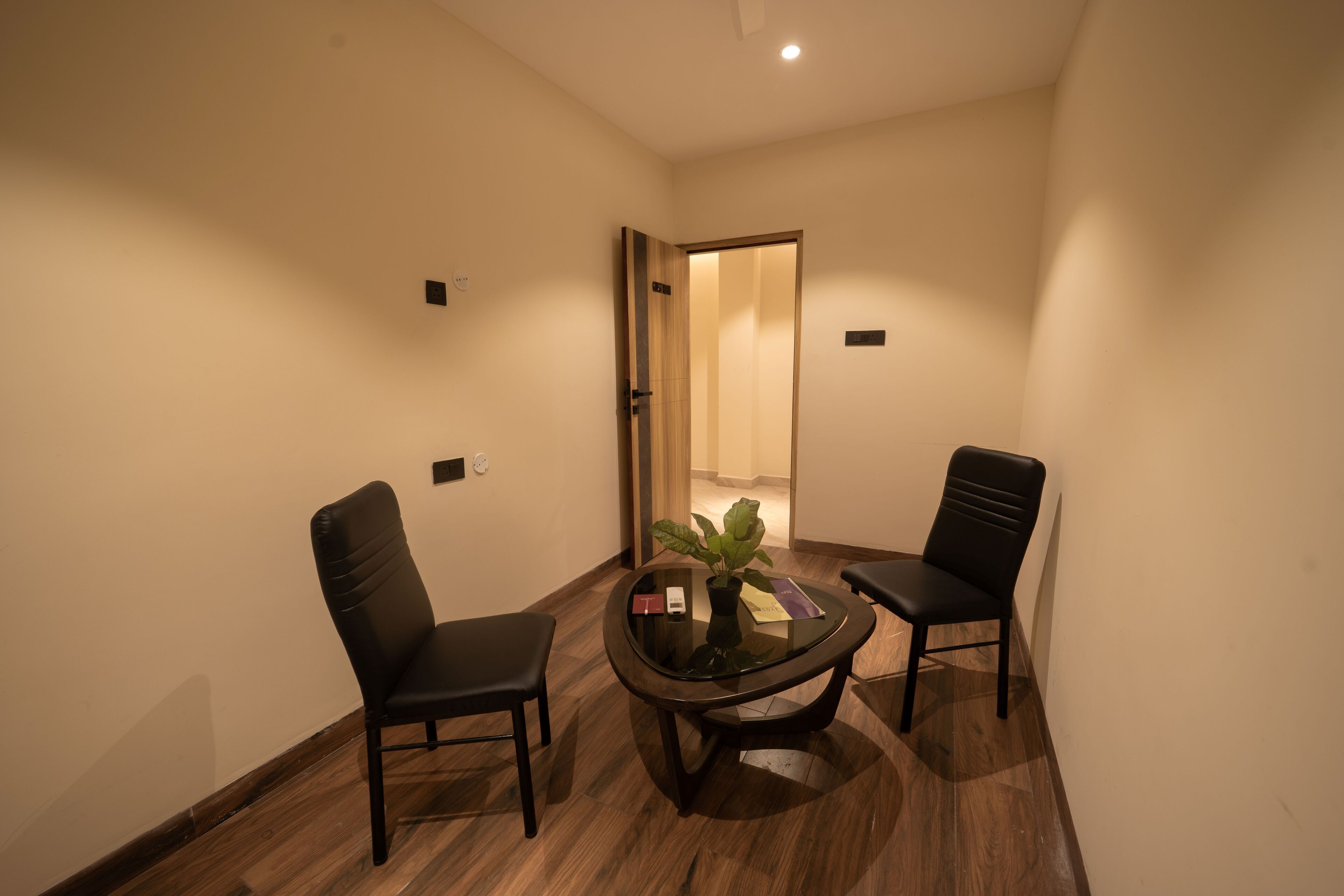 A small, modern room with two black chairs, a glass table, and a potted plant.