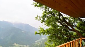 A wooden deck with a railing overlooking a valley with mountains in the background. - DUPLEX TREEHOUSE- TANDI -WIFI (Tandi)