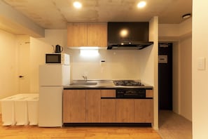 Kühlschrank, Mikrowelle, Herdplatte, Kochgeschirr/Geschirr/Besteck