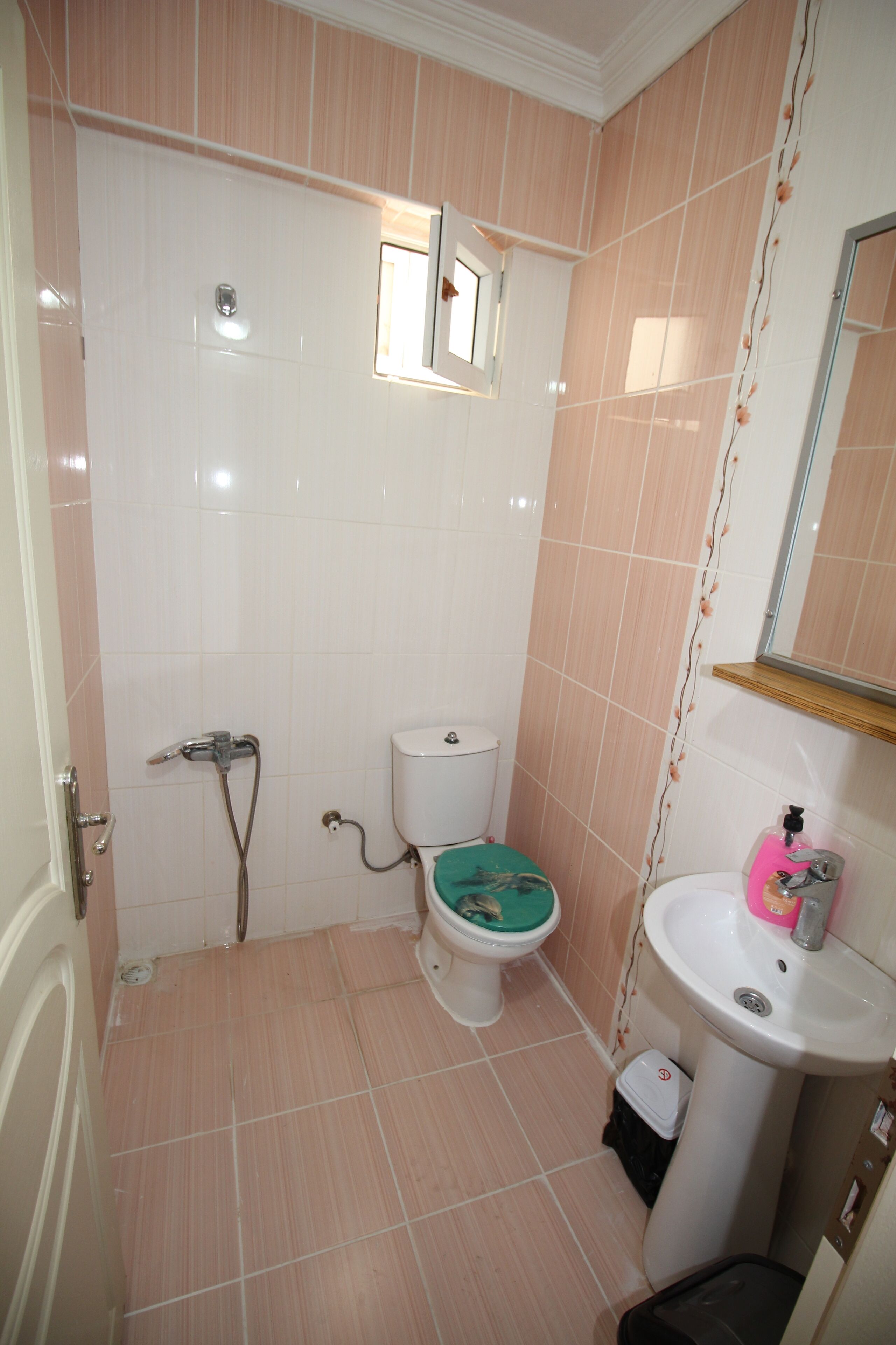 A small bathroom with a toilet, sink, and shower.
