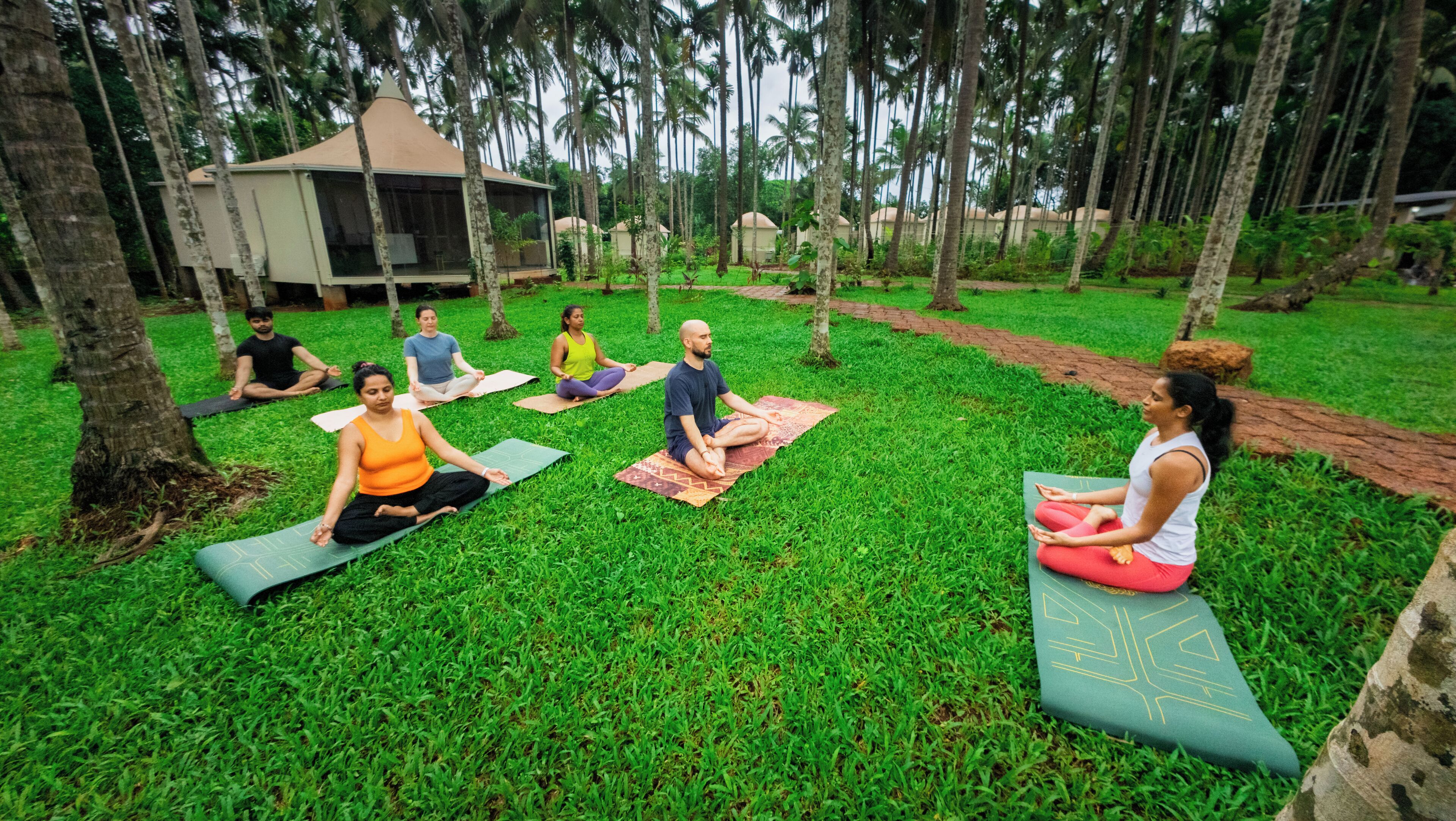 Un grupo de personas meditando sobre esterillas de yoga en un área cubierta de césped, con árboles y un edificio al fondo.