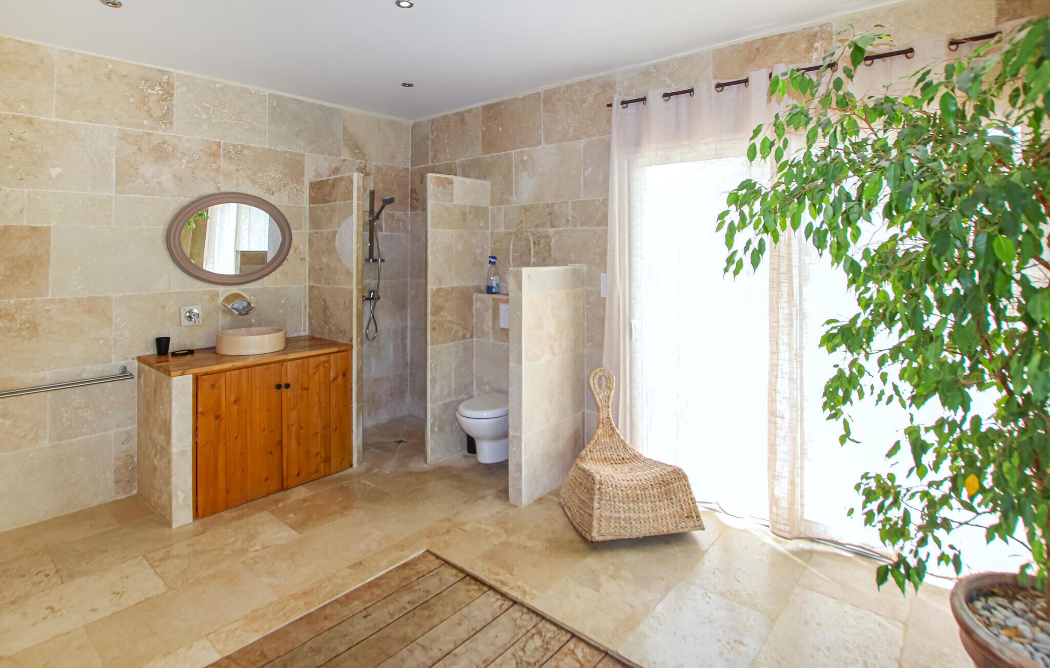 Un bagno con un mobile vanitario in legno, una doccia, un WC e una grande pianta in vaso.
