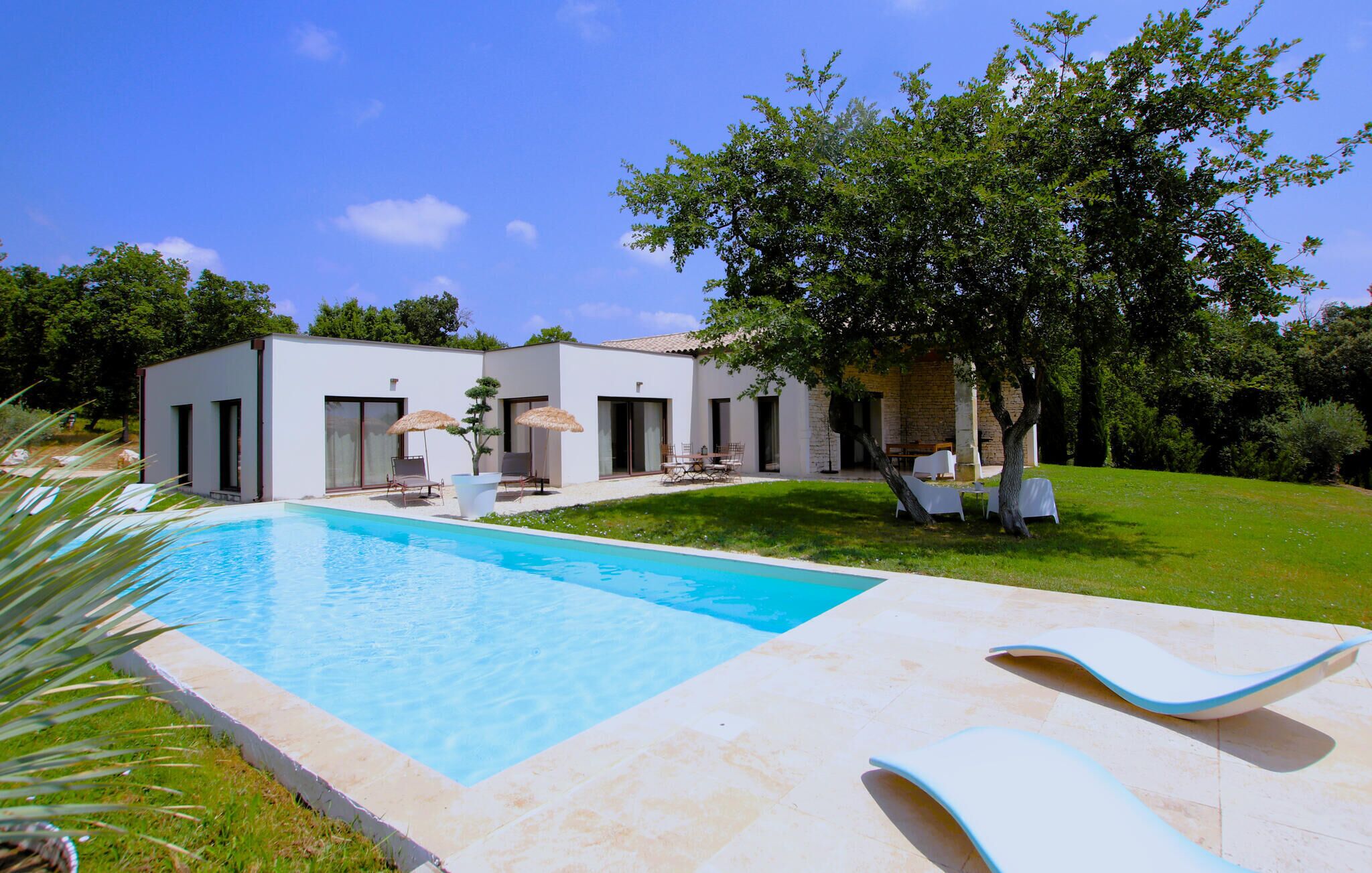 A modern house with a swimming pool, outdoor seating, and a tree.