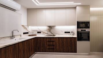 Apartment, Balcony, Beach View | Private kitchen | Fridge, microwave, oven, stovetop