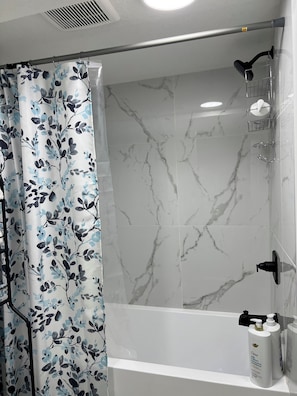Shower, hair dryer, towels, soap