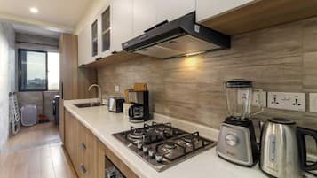 經典公寓, 陽台, 城市景觀 | 私人廚房 | 大型冰箱、微波爐、烤箱、爐台