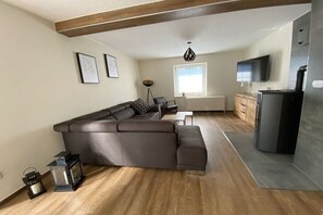 Smart TV, fireplace, books