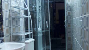 Shower, hair dryer, towels