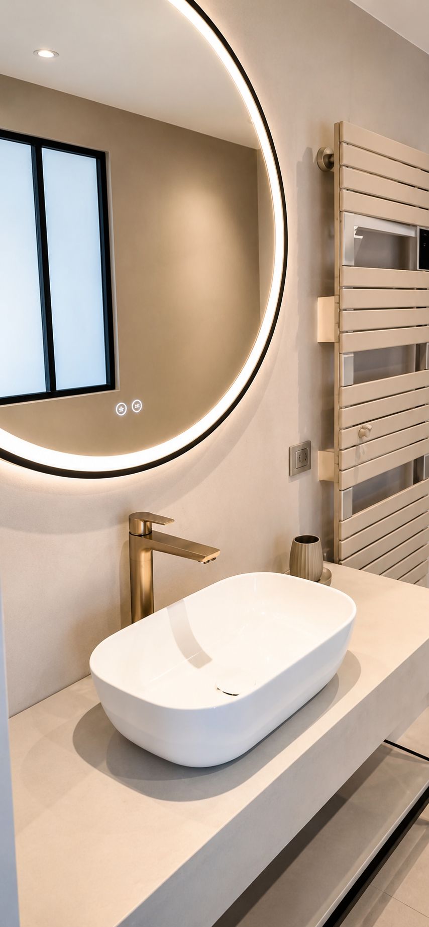 Ein modernes Badezimmer mit rundem Spiegel, Waschbecken in Weiß und Wandradiator.
